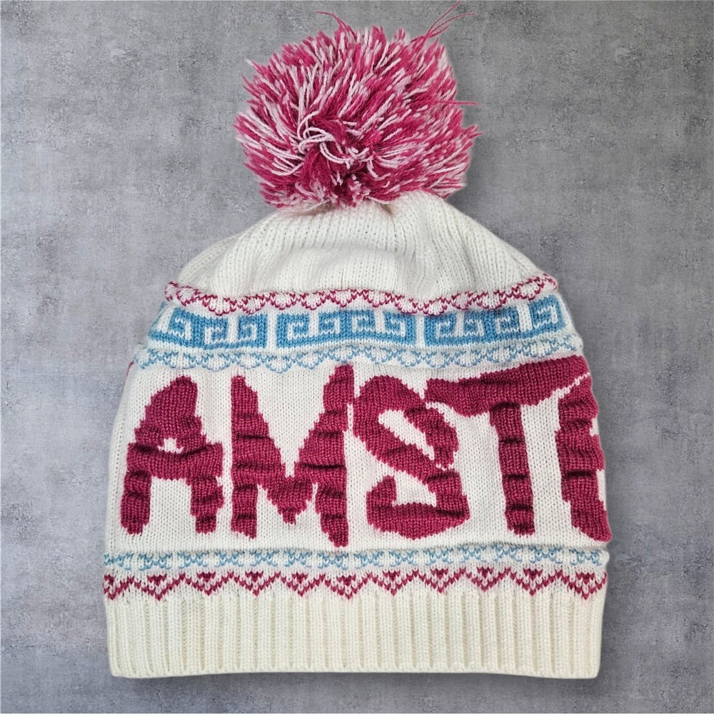 Amsterdam Knit Beanie Hat Winter Pom Pom Cream Pink Blue Geometric‎ F106
